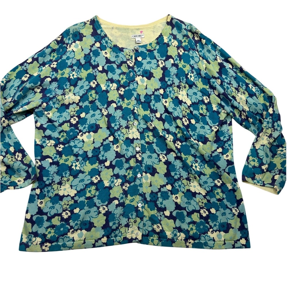 Cherokee Women's Cardigan XXL Teal Floral Cotton Button Front Grandmacore